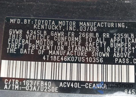 2007 Toyota Camry Le from USA, damaged, VIN 4T1BE46K07U510356